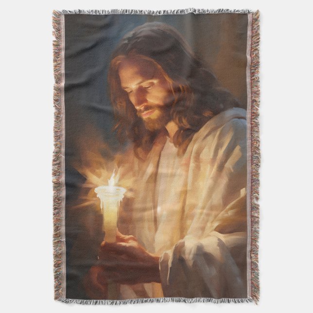 Jesus Holding Candle Throw Blanket (Front Vertical)