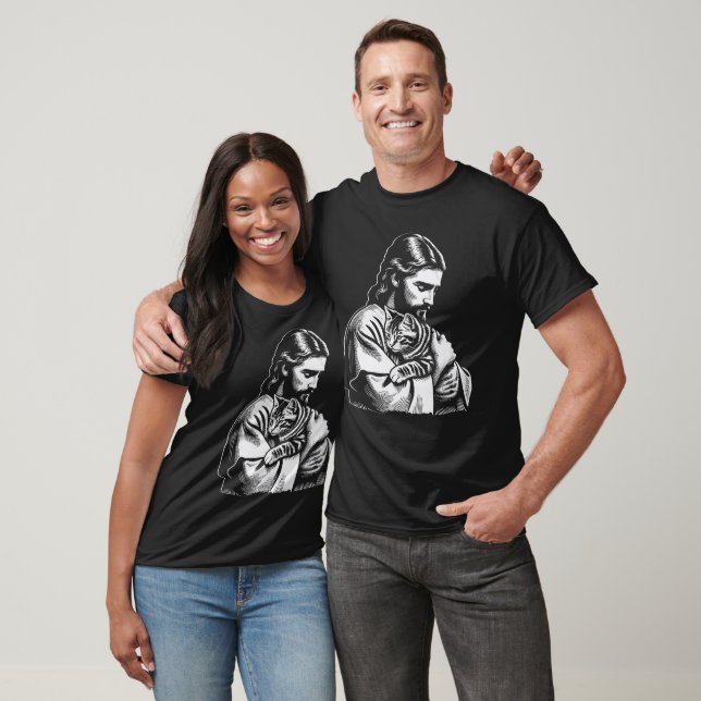 Jesus Holding Cat Graphic Black T-Shirt (Unisex)