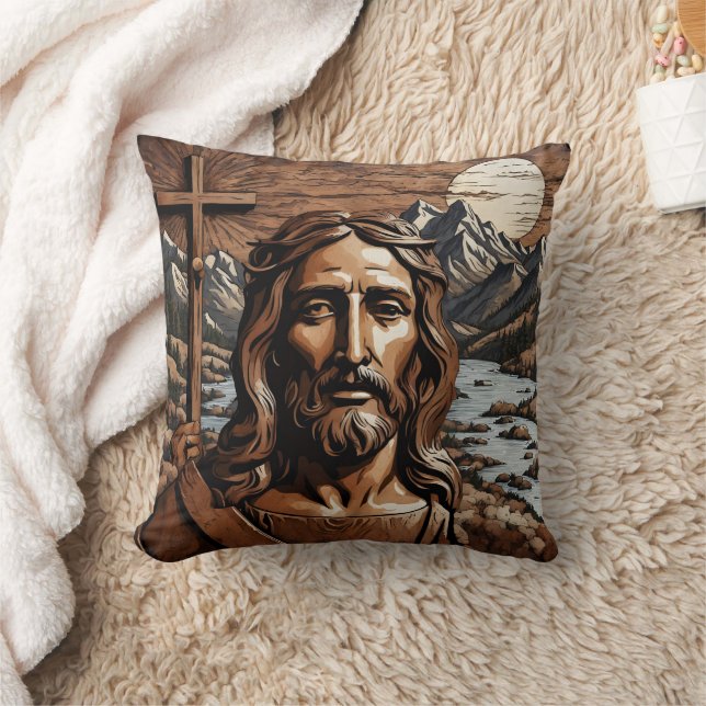 Jesus Holding Cross by Mountain River at Sunset Cushion (Blanket)