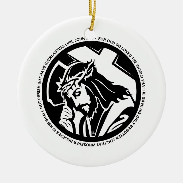 Jesus holding Cross with John 3:16 quote Ceramic Tree Decoration (Front)