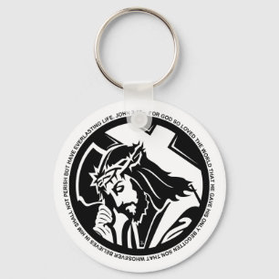 Jesus holding Cross with John 3:16 quote Key Ring