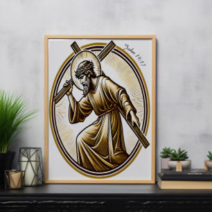 Jesus Holding Gold Cross Reverently Poster