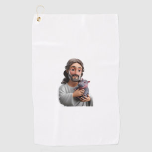 Jesus Holding Moo Deng_ Art Blending Whimsy Faith Golf Towel