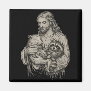 Jesus holding opossum and raccoon christian magnet