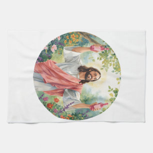 Jesus Holding Pink Wine Bottles Funny Girly Tea Towel