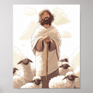 Jesus Holding Shepherd Staff Surrounded by Lambs Poster