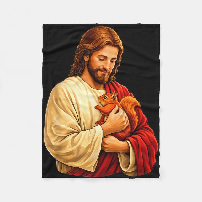 Jesus holding squirrel christian  fleece blanket (Front)