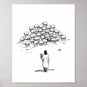 Jesus Holding the Lost Lamb Among the Flock Poster