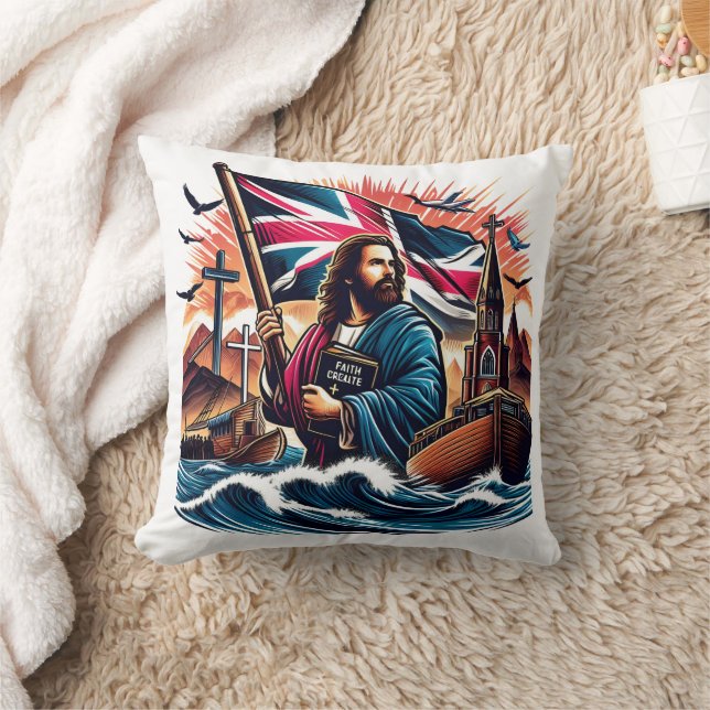 Jesus holds a flag amidst turbulent waters cushion (Blanket)