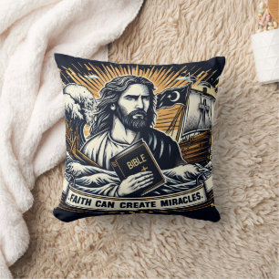 Jesus holds the Bible amidst stormy seas and ships Cushion