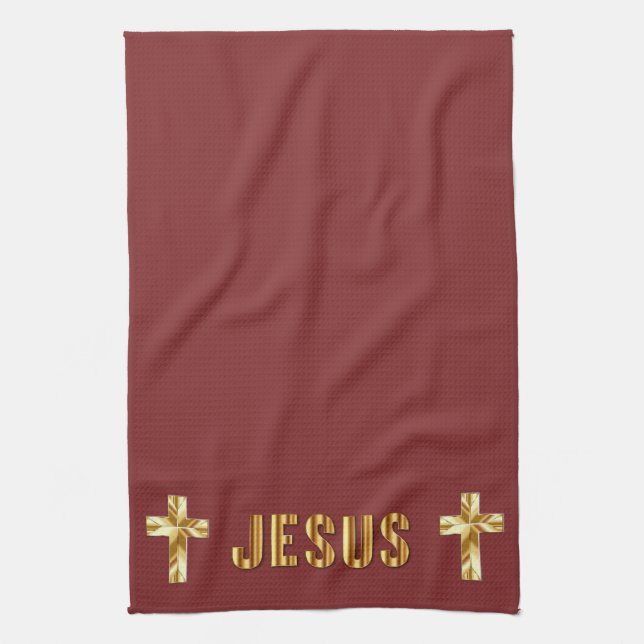 Jesus In Gold on Burgundy Kitchen Towels (Vertical)