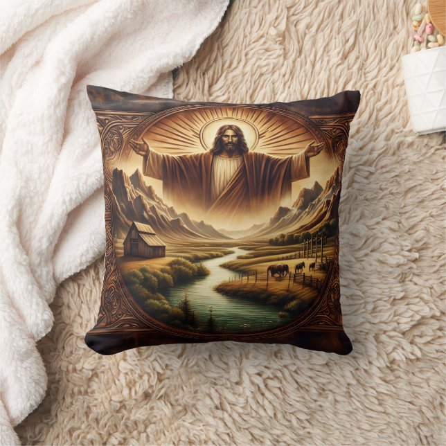 Jesus in Majestic Landscape at Sunrise Cushion (Blanket)