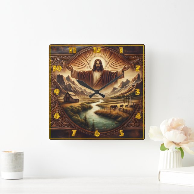 Jesus in Majestic Landscape at Sunrise Square Wall Clock (Home)