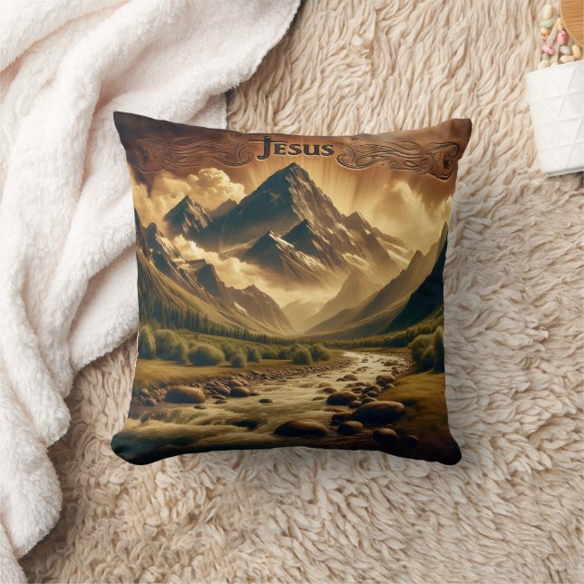 Jesus in Majestic Mountain Landscape With River Cushion (Blanket)