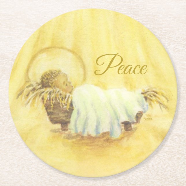 Jesus in Manger Christmas Paper Coasters (Front)