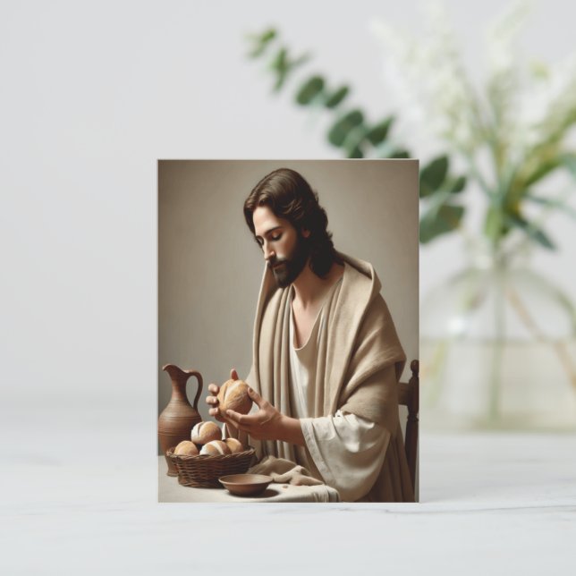 Jesus in Solitude Breaking Sacred Bread Postcard (Standing Front)