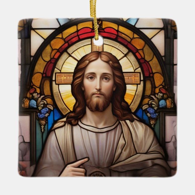 Jesus in stained glass style 2 ceramic ornament (Front)