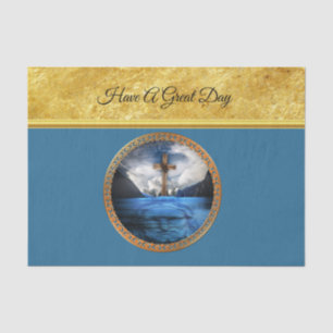 Jesus in the sea with a wood cross and gold foil tissue paper
