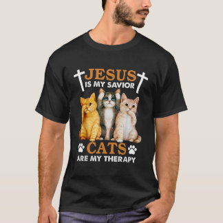 Jesus Is My Saviour Cats Are My Therapy Christian T-Shirt