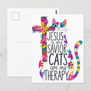 Jesus Is My Saviour Cats Are My Therapy Funny Postcard