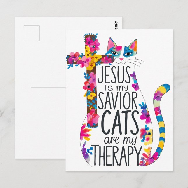 Jesus Is My Saviour Cats Are My Therapy Funny Postcard (Front/Back)