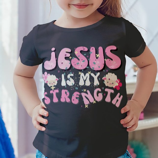 Jesus is my Strength Cute Lamb Cartoon Typography T-Shirt (Creator Uploaded)
