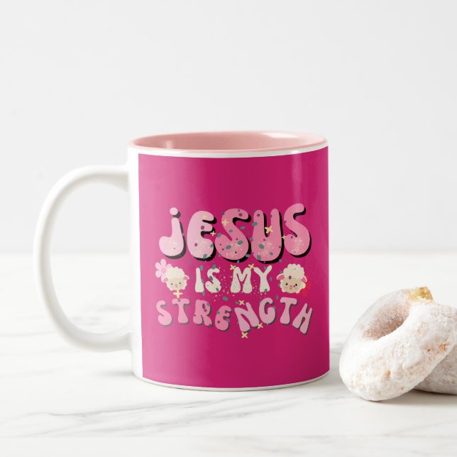 Jesus is my Strength Cute Lamb Cartoon Typography Two-Tone Coffee Mug (With Donut)