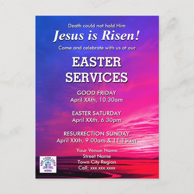 JESUS IS RISEN Easter Church Services Invitation Postcard (Front)