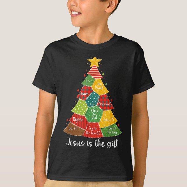 Jesus Is The Gift Christmas Tree Patchwork Scriptu T-Shirt (Front)