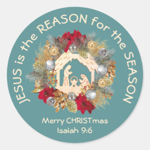 JESUS IS THE REASON Blue Christmas Classic Round Sticker