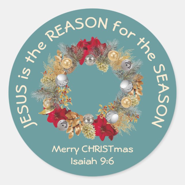 JESUS IS THE REASON Blue Christmas Classic Round Sticker (Front)