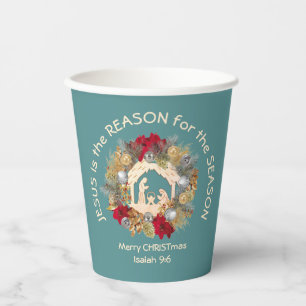 JESUS IS THE REASON Blue Christmas Nativity Paper Cups