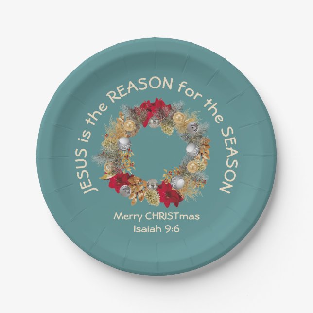 JESUS IS THE REASON Blue Christmas Paper Plate (Front)
