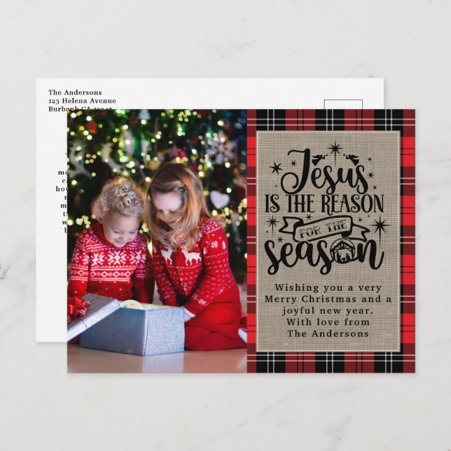Jesus is the Reason for the Season Buffalo Plaid H Holiday Postcard (Front/Back)