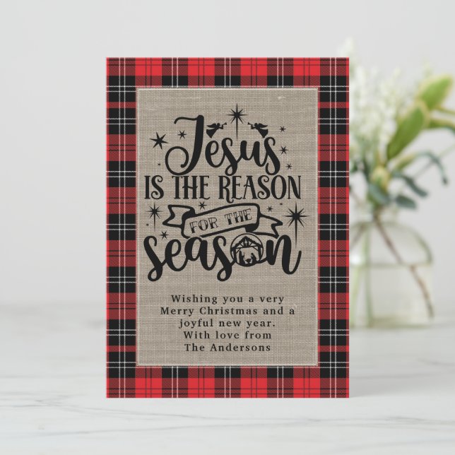 Jesus is the Reason for the Season Buffalo Plaid Holiday Card (Standing Front)