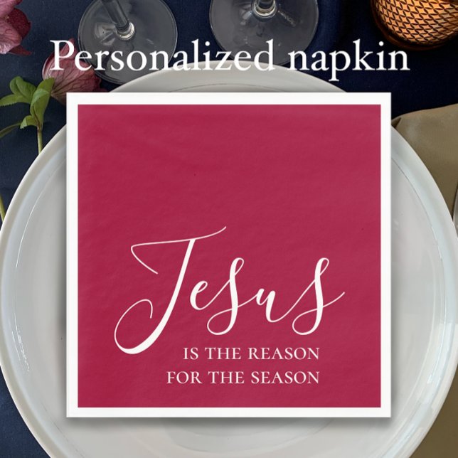 Jesus is the reason for the season Red Christmas Napkin (Jesus is the reason for the season, modern festive red Christian Christmas dinner napkin.)