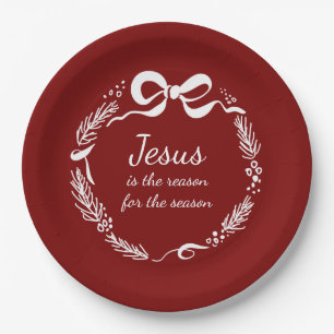 Jesus is the Reason   Hand Drawn Bow Red Christmas Paper Plate