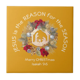 JESUS IS THE REASON Yellow Christian Christmas Cer Tile