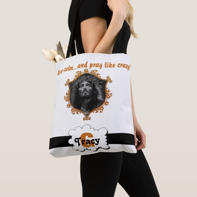 Jesus Keep calm and pray like crazy monograms bag. Tote Bag (Close Up)