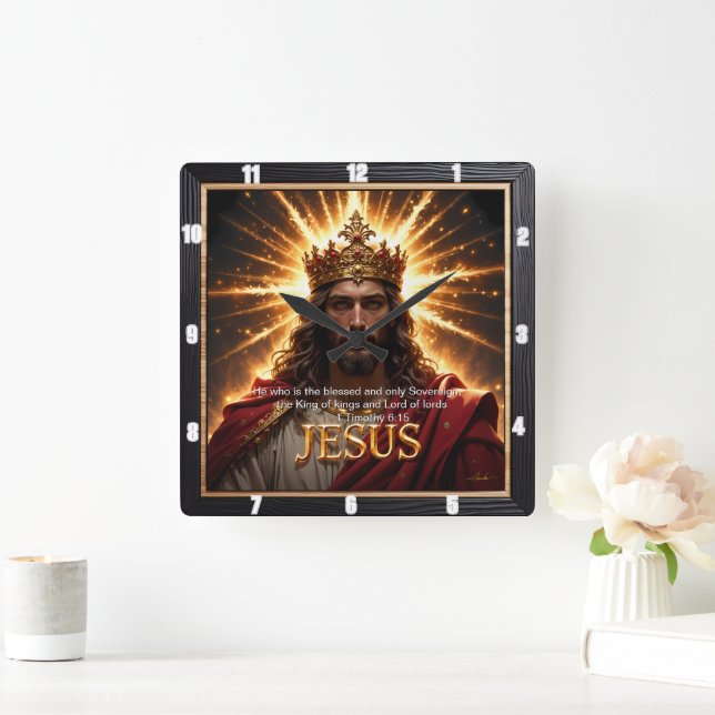 Jesus King Crown Sovereign Glory Sunburst Square Wall Clock (Home)