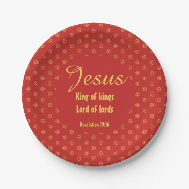 JESUS KING OF KINGS Christmas Christian Red Gold Paper Plate (Front)