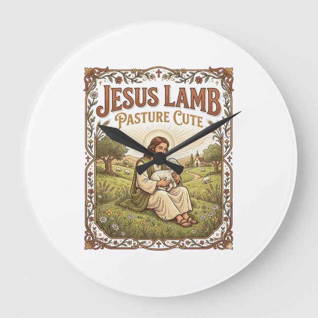 Jesus Lamb Pasture Cute Jesus Lamb Pasture Cute Ch Large Clock (Front)