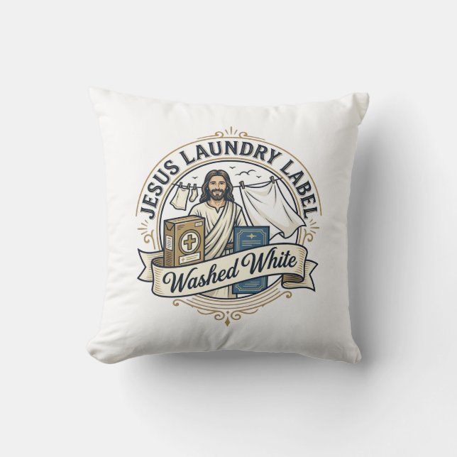 Jesus Laundry Label Washed White Jesus Laundry Was Cushion (Front)