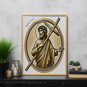 Jesus Lifting Golden Cross with Love Poster