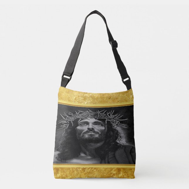 Jesus looking into heaven with a gold foil design crossbody bag (Front)
