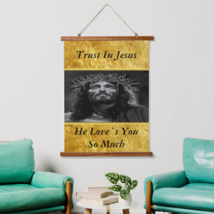 Jesus looking into heaven with a gold foil design  hanging tapestry