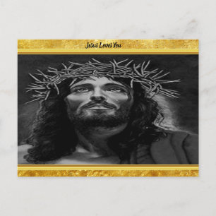 Jesus looking into heaven with a gold foil design postcard