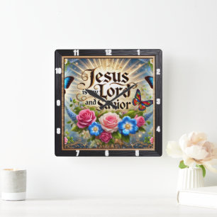 Jesus Lord Saviour Floral Butterflies Square Wall Clock