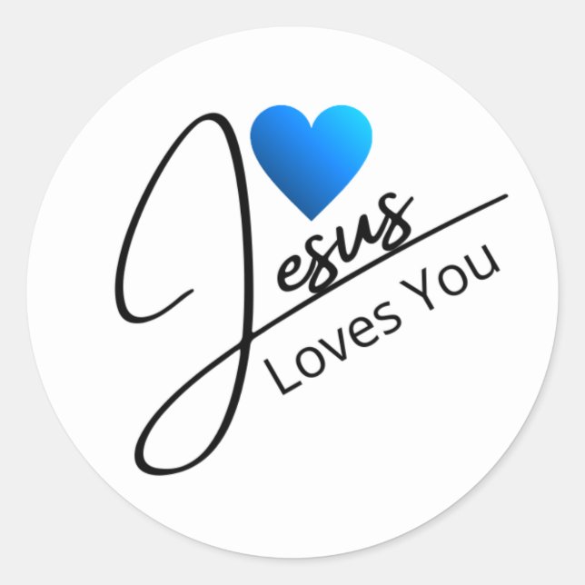 Jesus Love You Black Script Blue Heart Classic Round Sticker (Front)