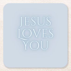Jesus Loves Christian Typography Design Square Paper Coaster